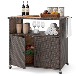 GYMAX Outdoor Storage Cabinet W/acacia Wood Top 2 Doors Buffet Cabinet Sideboard