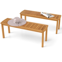 GYMAX 2 PCs Acacia Wood Outdoor Bench 48" Long Patio Dining Bench W/ Slatted Seat for Garden
