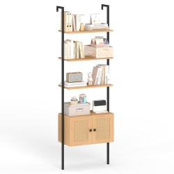 GYMAX Wall-Mounted Ladder Shelf 5-Tier Bookshelf W/ Rattan-Door Cabinet Display Rack