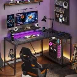 BESTIER 52" W L-Shaped Computer Desk With Power Outlet, Led Gaming Work Desk With Shelves