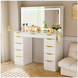 BOLDDECO 11-Drawer Vanity Desk With Large Led Mirror, 3 Lighting Modes, Power Outlet & Chair – Glass Top, Metal Frame, 27" Height, 3.2 Cu Ft Storage