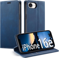 THE WAY Leather Wallet Case for Iphone 16E - Folding Flap Case With Credit Card Holder And Magnetic Closure - In Blue