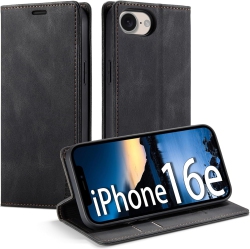 THE WAY Leather Wallet Case for Iphone 16E - Folding Flap Case With Credit Card Holder And Magnetic Closure - In Black