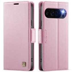 THE WAY Leather Wallet Case for Google Pixel 9/9 Pro - Folding Flap Case With Credit Card Holder And Magnetic Closure - In Pink