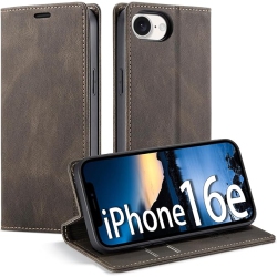 THE WAY Leather Wallet Case for Iphone 16E - Folding Flap Case With Credit Card Holder And Magnetic Closure - In Brown