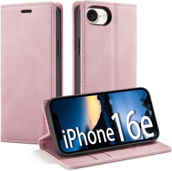 THE WAY Leather Wallet Case for Iphone 16E - Folding Flap Case With Credit Card Holder And Magnetic Closure - In Pink