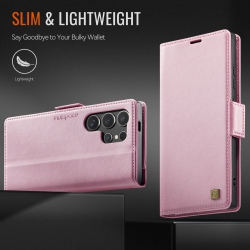 THE WAY Leather Wallet Case for Samsung Galaxy S25Ultra - Folding Flap Case With Credit Card Holder And Magnetic Closure - In Pink