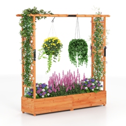 SLICKBLUE Elevated Wooden Planter With Arch Trellis And Decorative Hanging Roof