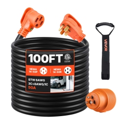 VEVOR 100 Ft Rv Extension Cord, 50 Amp, 125V 7500W Heavy Duty Stw 6/3 + 8/1 Gauge Wire, Nema 14-50P Male Nema 14-50R Female Plug, With Led