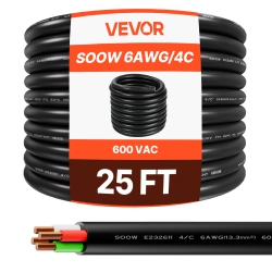 VEVOR 25 Ft 6Awg Portable Power Cable (4 Conductor), Heavy Duty 600V Soow Electrical Power Cable, Industrial Grade Electric Wire, Premium Cpe Rubber