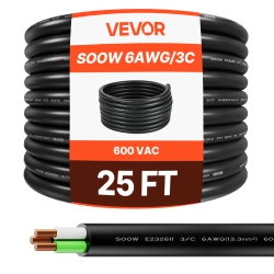 VEVOR 25 Ft 6Awg Portable Power Cable (3 Conductor), Heavy Duty 600V Soow Electrical Power Cable, Industrial Grade Electric Wire, Premium Cpe Rubber