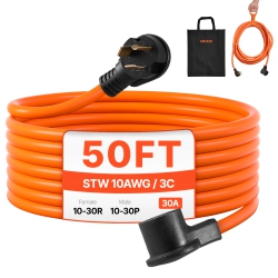 VEVOR 50 Ft Dryer Extension Cord, 3-Prong Nema 10-30P to 10-30R Dryer Cord, 125V/250V Stw 10Awg/3C, 30A, Pure Copper Wire Cable \w Non-Woven Bag