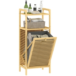 HOMCOM Bamboo Laundry Cabinet, Tilt Out Laundry Hamper With Removable Basket, Bathroom Hamper Cabinet With Open Shelves, Natural