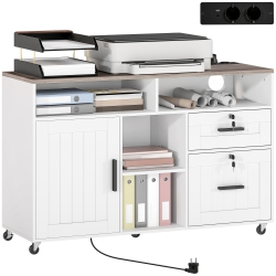 HOMCOM Mobile Filing Cabinet With Charging Station And USB Ports, Printer Stand With Lockable Drawers And Storage Shelves for Home Office In White