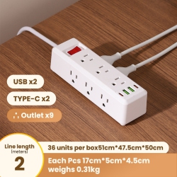 THE WAY Us Standard Power Socket Strip With Overload Protection, 110V-980U [White] Us Standard 2 Meters - 9 Sockets