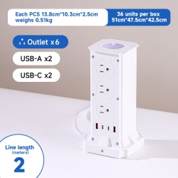 THE WAY American Standard Vertical Socket, Multi-Position High-Power USB Fast Charging Household Socket - A103 [White] 2M (With Overload) - 6-Outlet