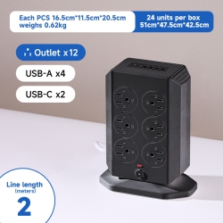 THE WAY Us Standard Vertical Socket, Multi-Output High-Power USB Fast Charging Household Socket - A106U [Black] 2M With Overload - 12 Outlets