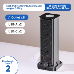 THE WAY American Standard Vertical Socket, Multi-Output High-Power USB Fast Charging Household Socket - A104 [Black] 2M (With Overload) - 8 Outlets