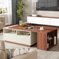 TRIBESIGNS Extendable Coffee Table \w Storage, Reversible Living Room Table \w 2 Drawers & Shelves, for Living Room & Walnut (43" to 75" Adjustable