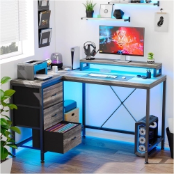 ACEKOOL L Shaped Computer Gaming Desk With Power Outlets, Storage Shelves And Led Lights In Grey