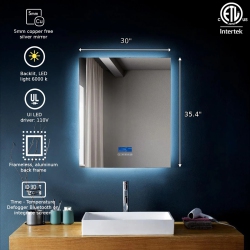 SERA BATHROOM Mirror 30" Led Backlit M-971 With Time, Temperature, Defogger, Bluetooth, Inbuilt-Speakers, Integrated Screen (30" X 36") - In Grey