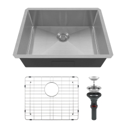 LONDON SUNSHINE 23X18 Inch Undermount Single Bowl Kitchen Sink In Brushed Stainless Steel, 3.0MM Thick \w R10 Corners, Drain Assembly & Grid Basket