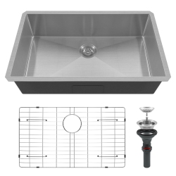 LONDON SUNSHINE 32X19 Inch Undermount Single Bowl Kitchen Sink In Brushed Stainless Steel, 3.0MM Thick \w R10 Corners, Drain Assembly & Grid Basket