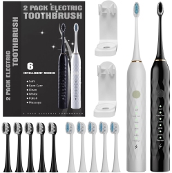 MAXWISDOM Electric Toothbrush for Kids \w Holders，2 Pack Sonic Toothbrush \w 10 Heads, 6 Modes, Ipx7 Waterproof, Smart Timer, 2 Hours Charge for 60