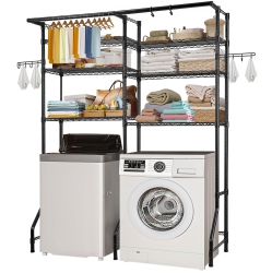 VEVOR 6 Tiers Over Washer And Dryer Storage Shelves, Laundry Room Drying Rack \w Hanger Rod And Hooks, Two Rows Adjustable Washer Shelves Space