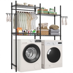 VEVOR 4 Tiers Over Washer And Dryer Storage Shelves, Laundry Room Drying Rack \w Hanger Rod And Hooks, Two Rows Adjustable Washer Shelves Space