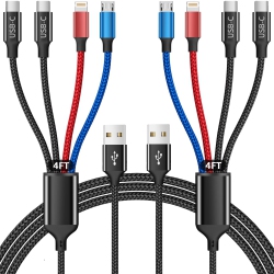 AURORA Dual Type C 4 In 1 Charging Cable 2Pack 4Ft, Multi Charging Cable for Multiple Ends, Universal USB Cable \w Ip/micro USB/dual USB C Port