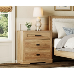 WAMPAT Wide Solid Wood Nightstand, Farmhouse Bedside Table With 3 Drawers for Bedroom, 31.9" H X 31.5" W X 15.4" D, Retro Oak