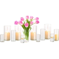 NIERBO Glass Hurricane Candle Holder Set Of 12, for Table Centerpiece, Modern Cylinder Vases for Centerpieces, Glass Candle Cylinders Clear Candle