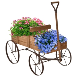 SLICKBLUE Wooden Wagon Planter Bed With Metal Wheels for Garden, Yard, And Patio