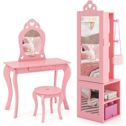 SLICKBLUE Princess Vanity Table And Stool Set With Jewelry Cabinet And Full-Length Mirror