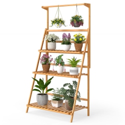 SLICKBLUE Adjustable Height 3-Tier Wicker Hanging Plant Holder for Patio Or Garden