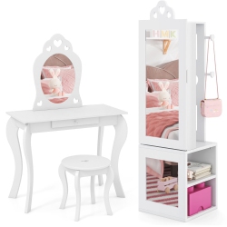 SLICKBLUE Princess Vanity Table And Stool Set With Jewelry Cabinet And Full-Length Mirror