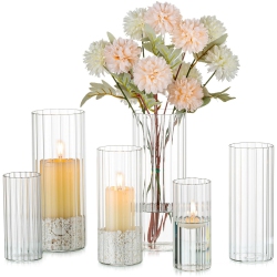 NIERBO Ribbed Glass Candle Holder, Cylinder Candle Holders for Pillar Candles, Clear Hurricane Candle Holder Set Of 18, Decorative Floating Candle