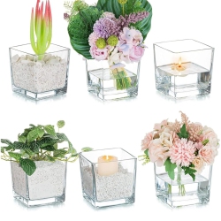 NIERBO Square Glass 5 Inch Cube Flower Vase Set Of 6, Clear Small Vases for Centerpieces, Modern Decorative Floating Candle Vases for Living Room