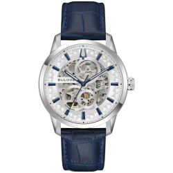 BULOVA WATCH Bulova Mens Sutton Automatic Watch 40MM Silver-Tone Stainless Steel Case Leather Strap With Silver Dial (96A330) In Blue