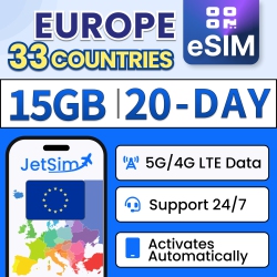 JETSIM Europe Sim Card Qr Code (20 Days), 15GB 5G/4G Lte High-Speed Data, Works In 33 Eu Countries France, Italy, Portugal, Spain, Turkey, Uk