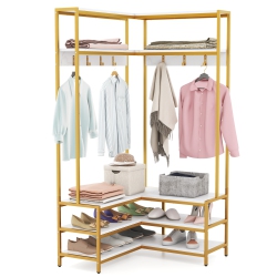 SLICKBLUE Corner Garment Rack With Shelves, Hooks, And Shoe Storage for Bedroom Or Entryway