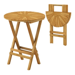 SLICKBLUE Patio Folding Side Table With Teak Wood Round Top And X-Shaped Frame Design