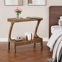 LANTINE Solid Wood End Table \w 2-Tier Storage Shelf, Narrow Side Table for Living Room, Bedroom, Small Spaces, Natural Wood Paint Finish, Easy