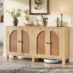 LANTINE Sideboard Buffet Cabinet, Rattan Credenza Kitchen Storage Buffet Cabinet \w 4 Doors, 59" Long Farmhouse Coffee Bar Station Table for Dining