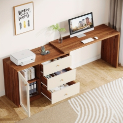 LANTINE L-Shape Computer Desk, Corner Desk Writing Desk Study Desk \w File Cabinet, Extendable PC Study Desk Corner Table, Home Office Corner Desk