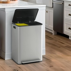 CAPHAUS Dual Trash Can \w Lid, Trash And Recycling Bins Combo for Kitchen, Hands-Free Stainless-Steel Garbage Can \w 2 Compartment, Hinged Lid, Odor
