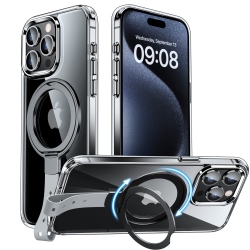THE WAY Iphone 15 Pro Max Stand And Lanyard Case 14 Two-In-1 Shock-Resistant Metal Case - Transparent With Gray Cord In Black