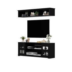 FAMAPY Modern Tv Cabinet With Integrated Tv Mount – Accommodates Tvs Up to 65” With Tempered Glass Doors & Spacious Storage In Black