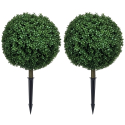 HOMCOM Set Of 2 Artificial Boxwood Topiary Ball Bush \w Integrated Ground Stake, Indoor Outdoor Uv Resistant Faux Greenery, Faux Plants for Garden